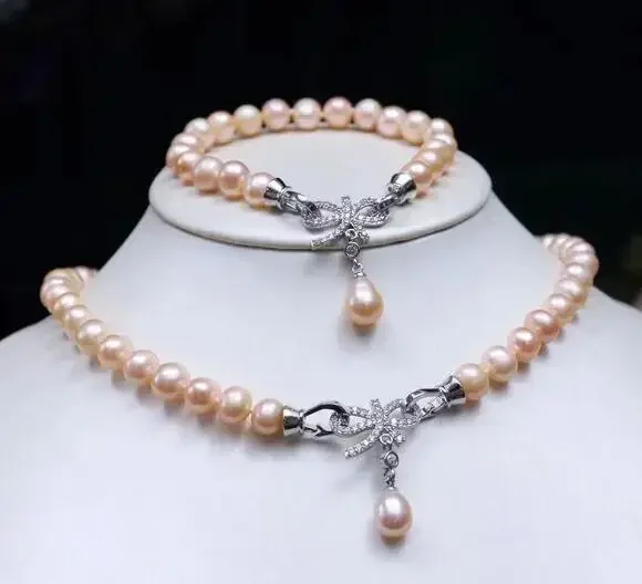 

Natural 3PCS 8-9mm white pink Freshwater Pearl butterfly Pendant Necklace bracelet ring Set