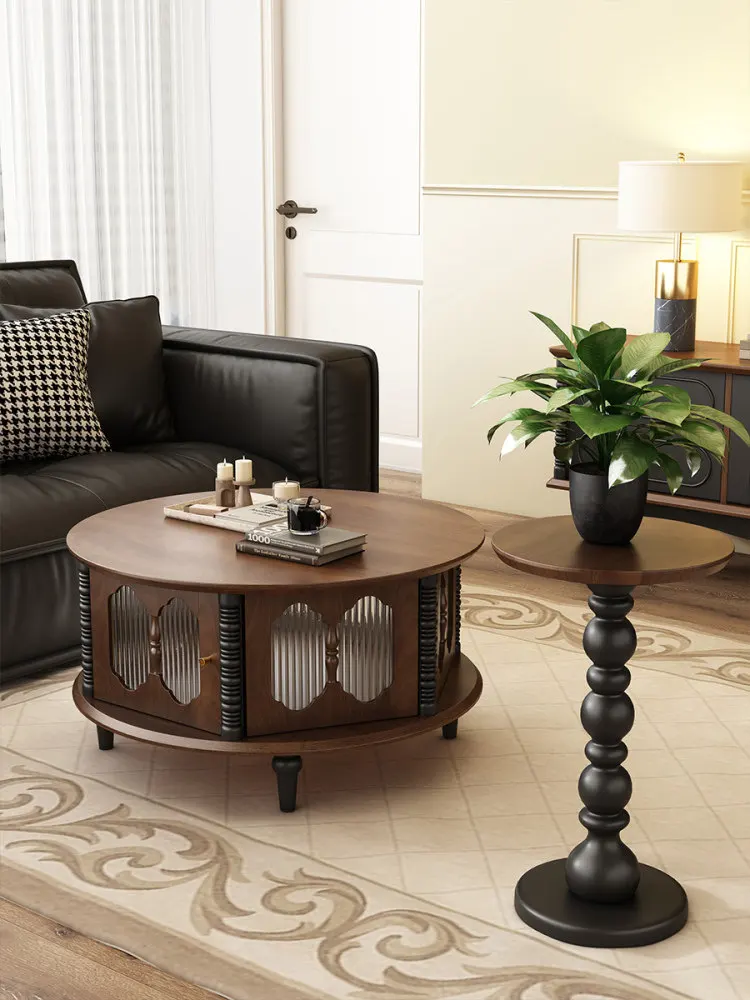 

2025 new French retro solid wood coffee table small apartment medieval living room home TV cabinet combination round tea table