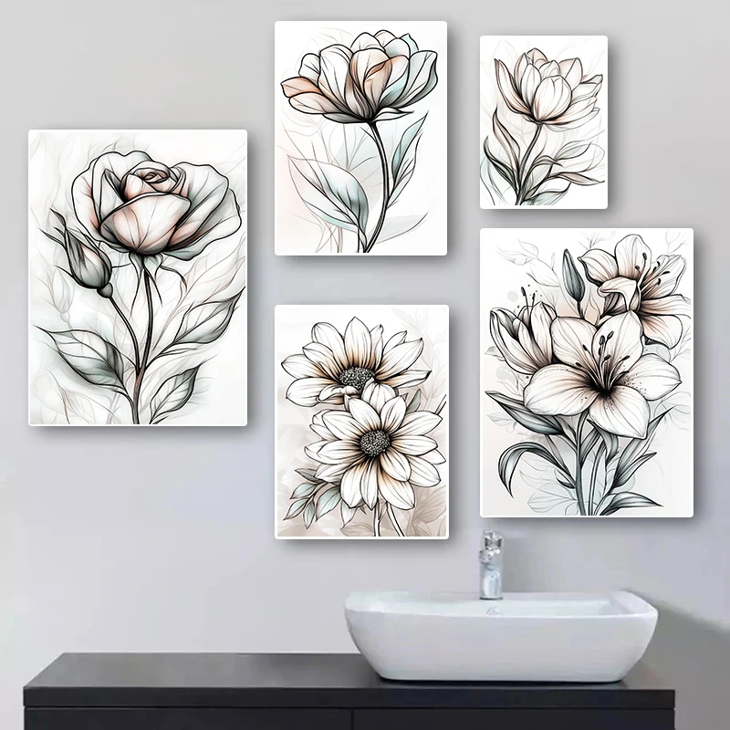 Boho Flowers Art Poster Sketch Watercolo Floral Magnolia Botanical Rose Prints Canvas Painting Wall Art Picture Home Room 