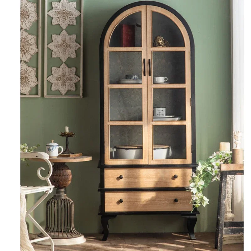 

French Solid Wood Black Restaurant Cupboard Home Kitchen Storage Cabinet Arch Decoration Wine Cabinet