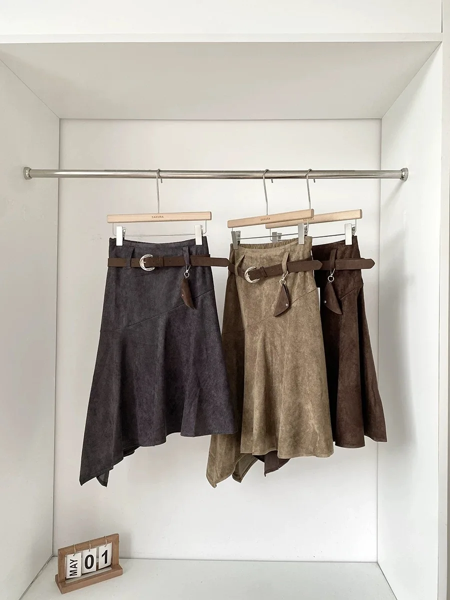 

Женская осенне-зимняя асимметричная длинная замшевая юбка с поясом, женская винтажная однотонная юбка нестандартной формы с высокой талией