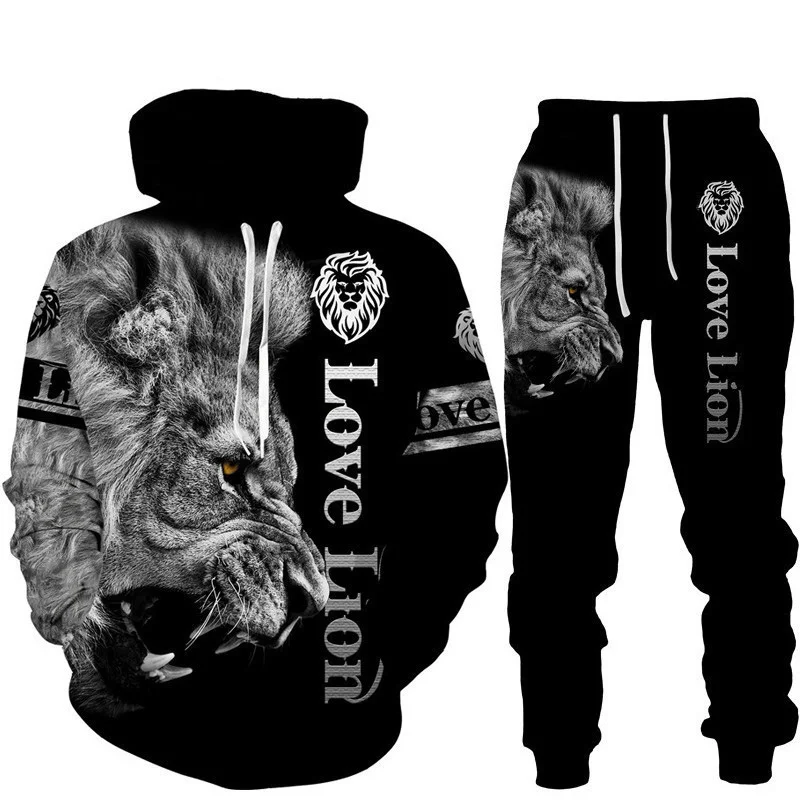 Trendy Cool Men's Lion Pattern Print Hoodie Set Autumn Winter Casual Suit Oversize Tracksuit Animal Hoodies Two-piece Streetwear