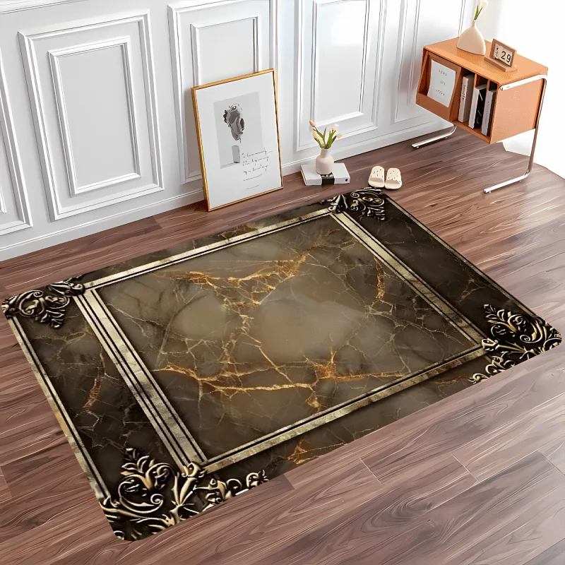 Luxury Black Gold Marble Flannel Rug 3D Retro Carved Border Floor Mat Soft Non-slip Area Carpet for Living Room Bedroom Home