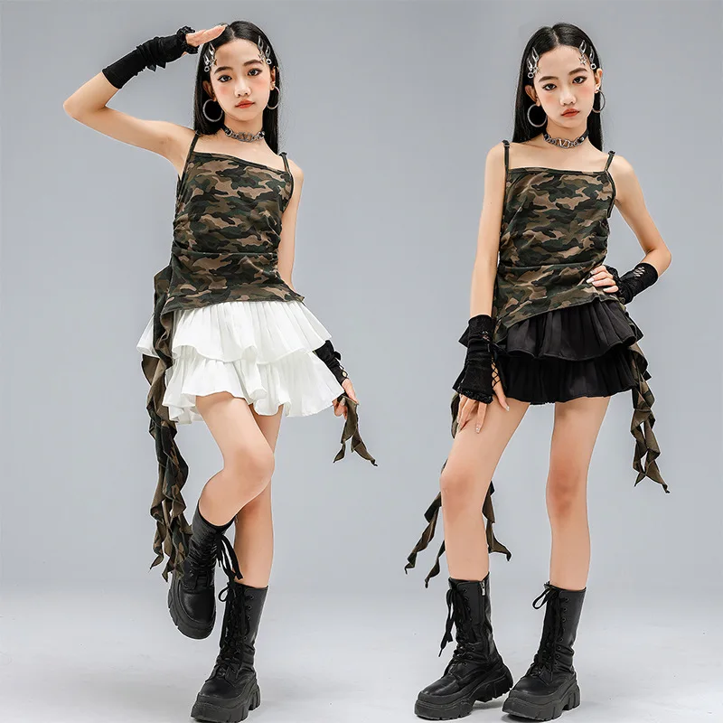 

Kid Kpop Hip Hop Clothing Camo Srap Camisole Ruched Tank Top White Black Layered Pleated Skirt for Girl Dance Costumes Clothes