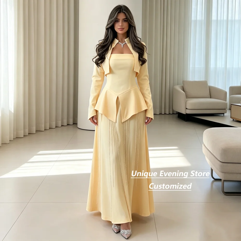 Customized Yellow Three Piece Set Long Sleeve Crop Jacket Strapless Top Beaded Tassel Maxi Evening Dress Modest Formal Gown