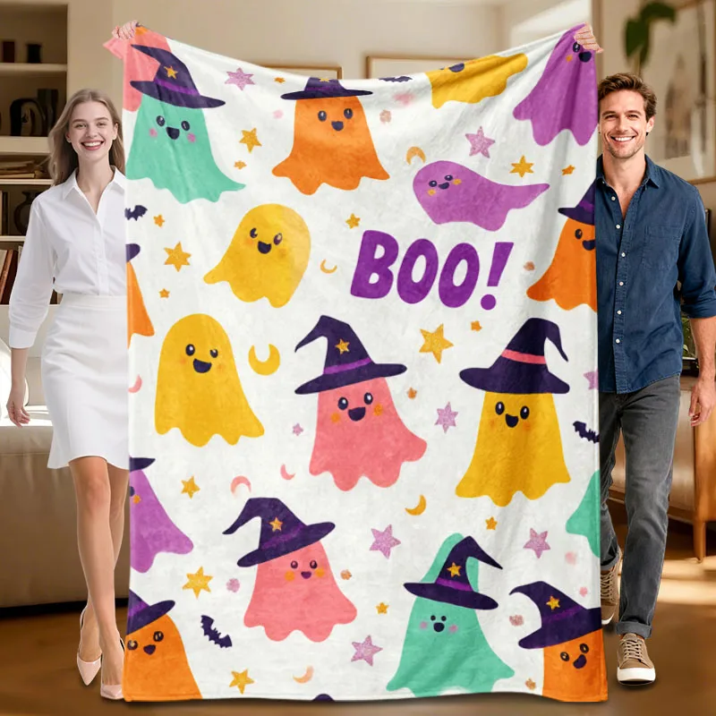 

Цельное красочное фланелевое одеяло на тему Хэллоуина, мягкое, подходит для дивана, кровати, офиса, всесезонного использования.