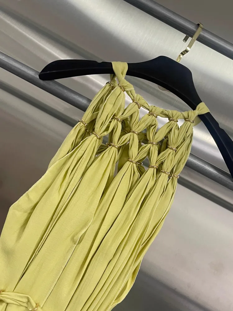 DFDG lente zomer 2025, dames bohemien sexy halter uitgesneden maxi-jurk onregelmatig lint ontwerper strandfeest lange jurk