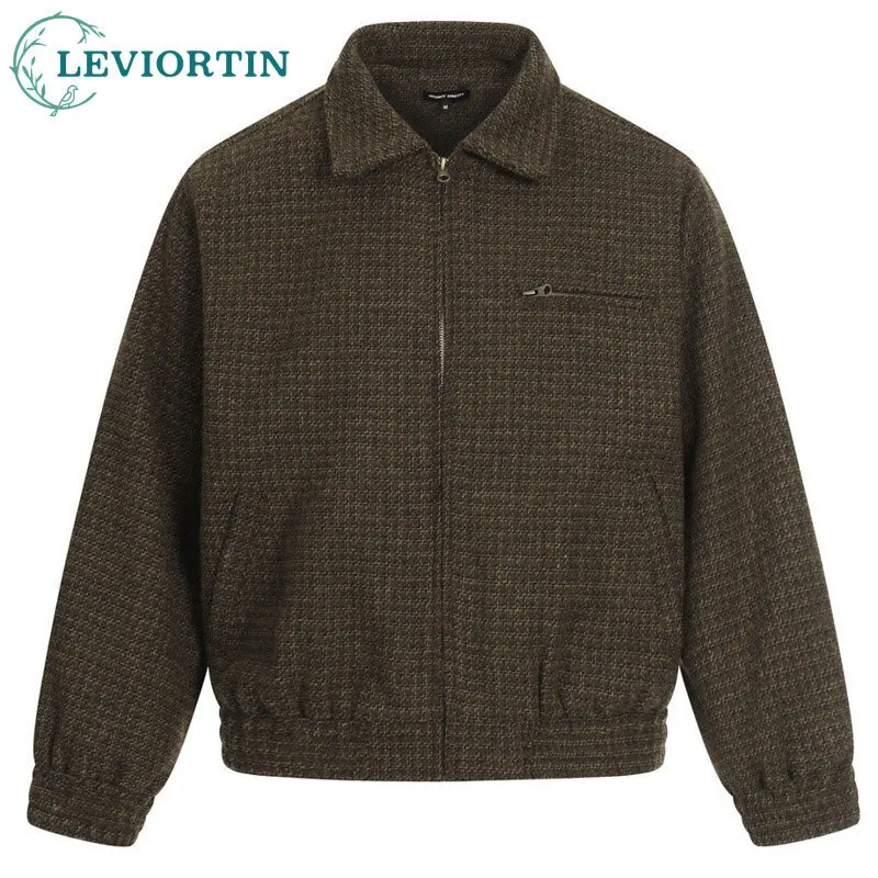 

2023 весенне-осенняя мужская уличная модная жаккардовая клетчатая куртка с толстой нитью, повседневная универсальная свободная куртка на молнии в стиле ретро с клетчатым воротником