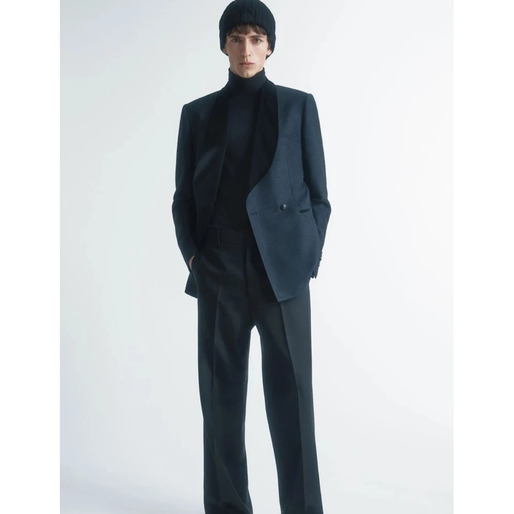 

Пригородный мужской модный деловой темно-синий костюм, комплект из 2 предметов, куртка и брюки, двубортный комплект с лацканами и вырезом, формальный офисный повседневный мужской костюм