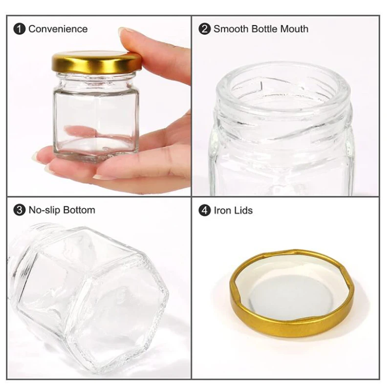 60Pcs Mini Hexagonal Glass Honey Jars Small Honey Jars With Gold Lids For Baby Shower Wedding And Party Favors Guest Gifts