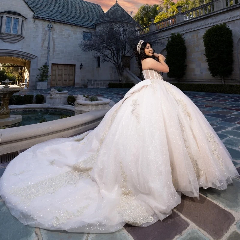 Lorencia-Vestido Princesa Quinceanera com lantejoulas brilhantes, vestido de aniversário, Applique puro, miçangas de renda, Sweet 16, 15 anos, YQD526