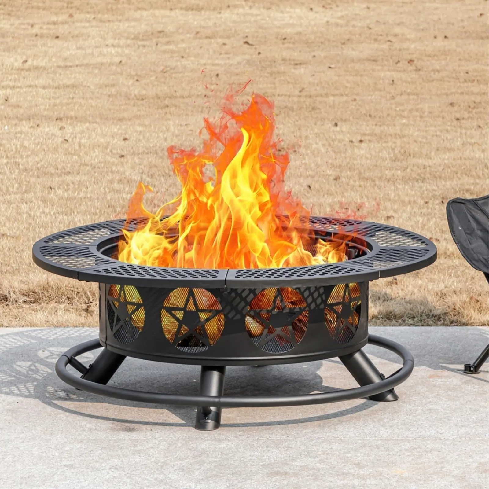 36 Inch Outdoor Fire Pits with 2 Grills, Lid & Poker