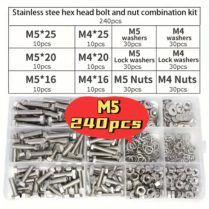 240pcs Stainless Steel Hex Bolt & Nut Set - Durable, Corrosion-Resistant with M4 & M5 Sizes for Versatile Use