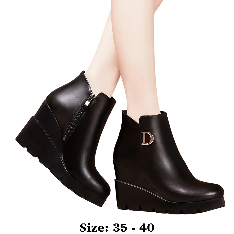 

High quality short ankle leather wedge boots for women 9cm high heel round 2025 autumn winter 35 36 elegant shoe black