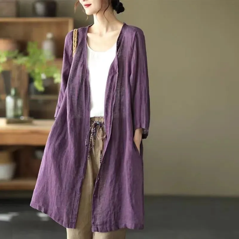 Women\'s Cotton And Linen Cardigan Coat Sun Protection Medium Length Jacket 2024 Summer New Retro Loose Air Conditioned Shirt