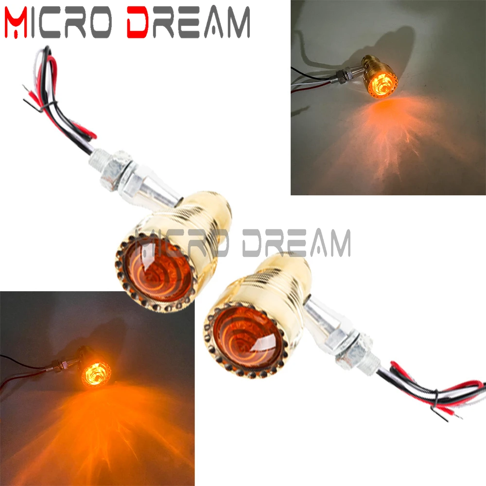 1Pair Motorcycle Amber Brass LED Turn Signal Indicator Light 10mm Universal For Harley Honda Yamaha Chopper Scrambler Custom