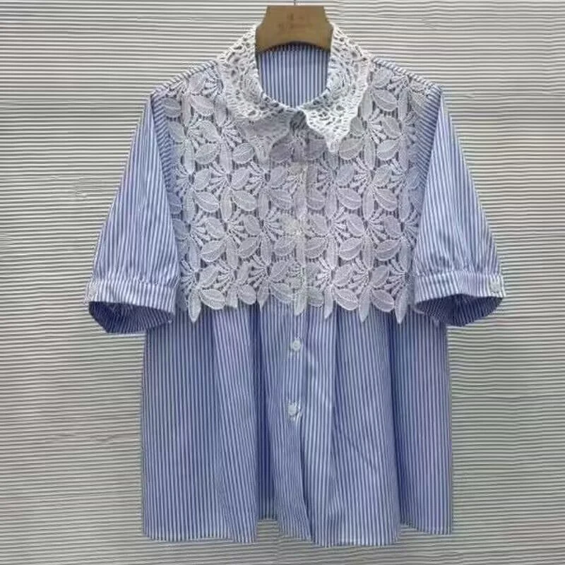 

KUSAHIKI French Embroidered Lace Flower Splicing Striped Short Sleeved Shirt for Women 2025 Summer New Chic Top