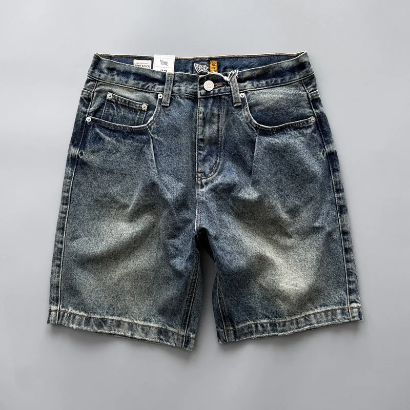

American-style Retro Washed and Distressed Denim Shorts for Men Summer Slightly Loose Heavyweight 5-inch Inseam Mid-length Jeans