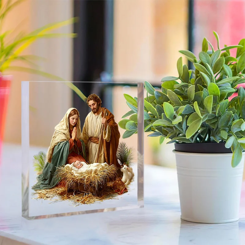 CIFBUY Acrylic Plaque 2D Flat Nativity Scene Manger Hanging Sign Minimalist Church Decor Tabletop Ornament Religious Gift