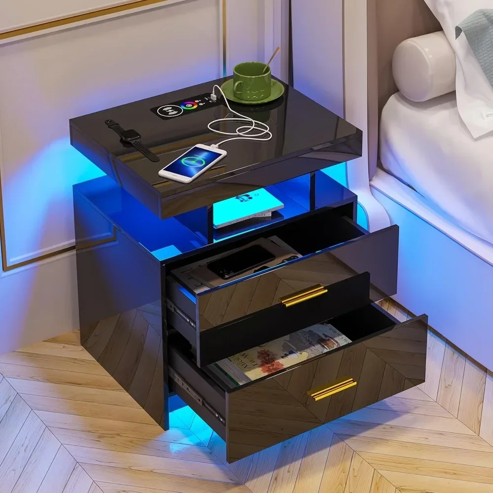 Nightstand,Black Night Stand with USB/Wireless Charging Station,Modern Bedside Table has Auto Sensor RGB Lights,End Side Table