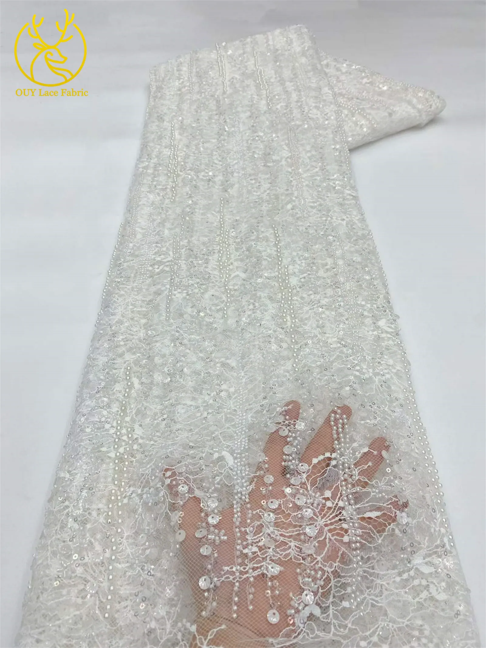 Afrikanischer Spitzenstoff, hochwertige französische Stickerei, Perlen, Pailletten, Tüll, Netzspitze für Frauen, Hochzeitskleid, Nähzubehör, 5 Yards – Detail 7
