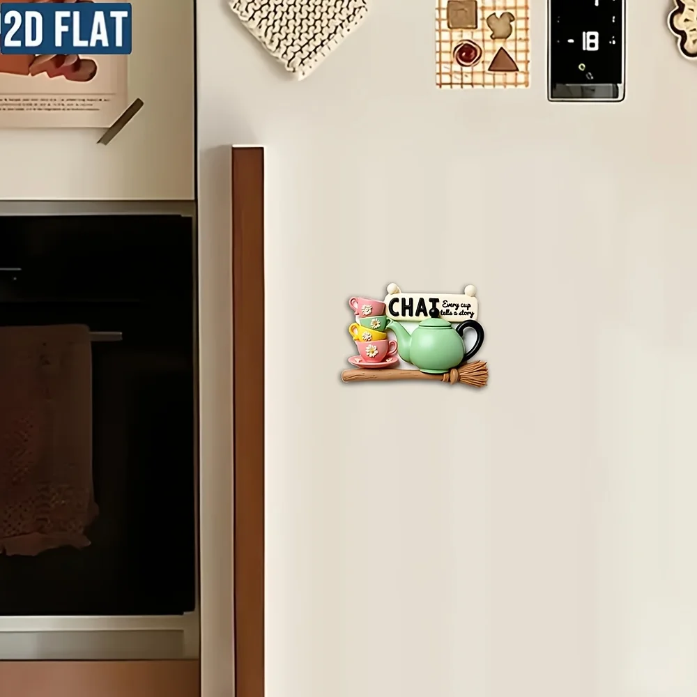 Vintage Teapot Acrylic Fridge Magnet. Cute Stacked Cups & 