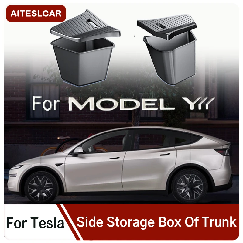 Rear Trunk Side Storage Box For Tesla NEW Model YL 2026 Cargo Organizer TPE Bin Box Flocking Mat Partition Board Accessories