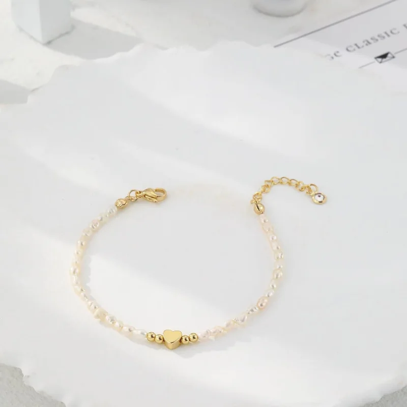 14K Gold Plated Pearl Bracelets for Women, Dainty 925 Silver Pearls Beaded Chain Heart Pearl Bracelets Jewelry Gift for Women