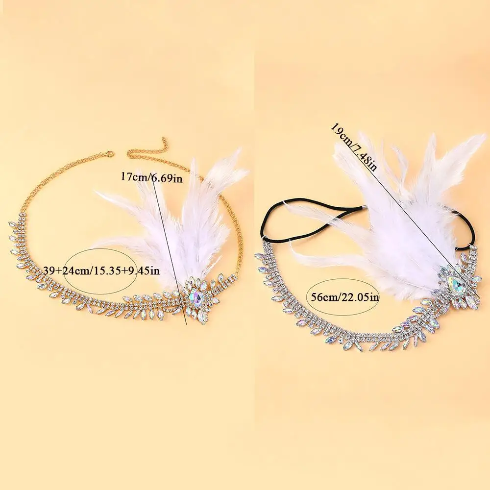 شرابة هيرباند الأبيض ريشة الفرقة الترتر كريستال Headbands حزب الزفاف خوذة DIY إكسسوارات الشعر حجر الراين رئيس سلسلة #6