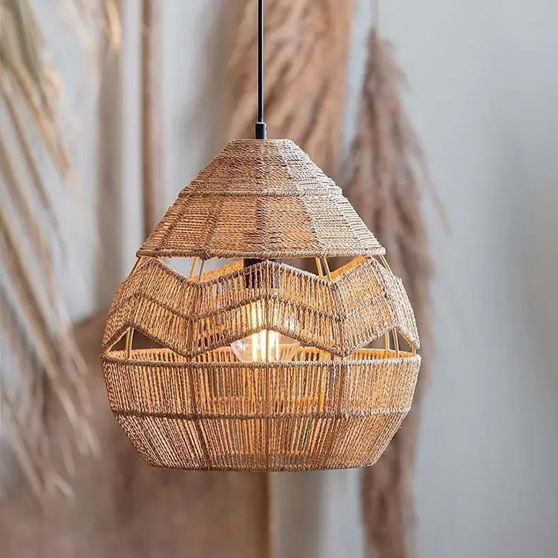 Retro Medieval rattan bamboo chandelier Hand-woven restaurant Garden home decor art Wabi-Sabi pendant light decoration maison