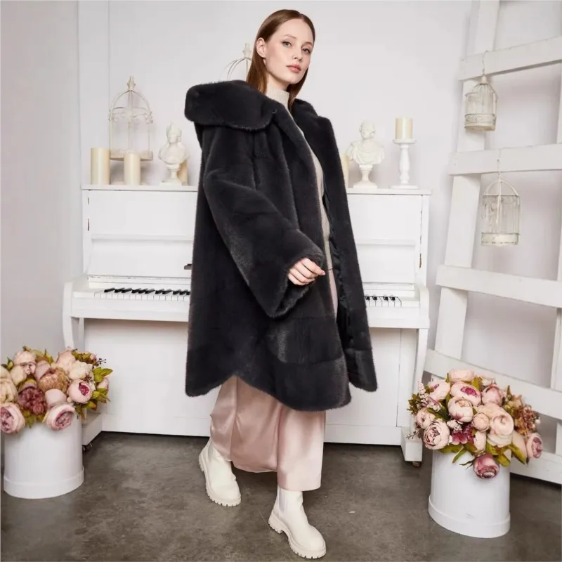 معطف فرو صناعي فضفاض مختلط مع ملابس نسائية طويلة بغطاء للرأس #3