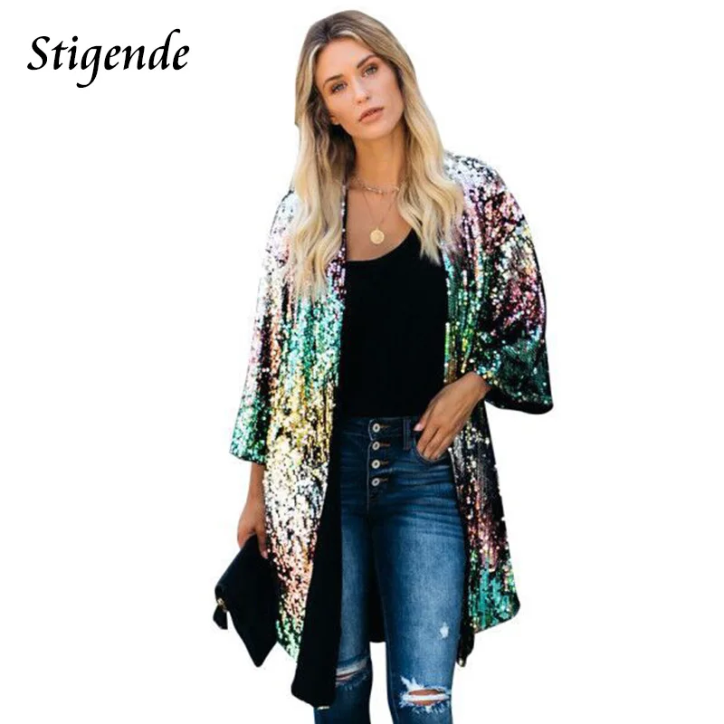 

Women Sexy V Neck Glitter Sequin Coat Flare Sleeve Shining Paillette Jacket Stylish Party Kimono Lentejuelas Mujer Club Wear