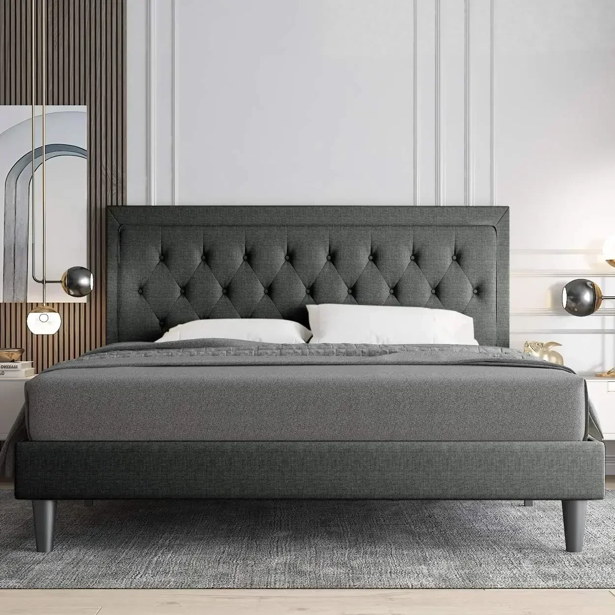 Allewie King Size Platform Bed Frame/Fabric Upholstered Bed Frame with Diamond Button Tufted Headboard/Adjustable