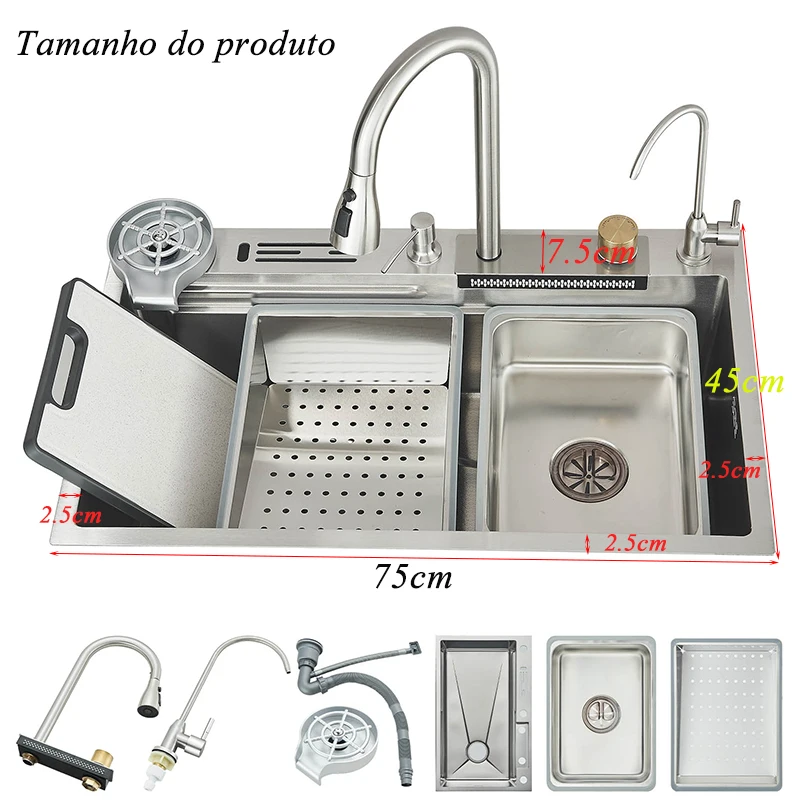 304 شلال من الفولاذ المقاوم للصدأ بالوعة المطبخ خزان واحد كبير مع مجموعة صنبور سحب خلاط الماء الساخن البارد الصنابير والحوض #6