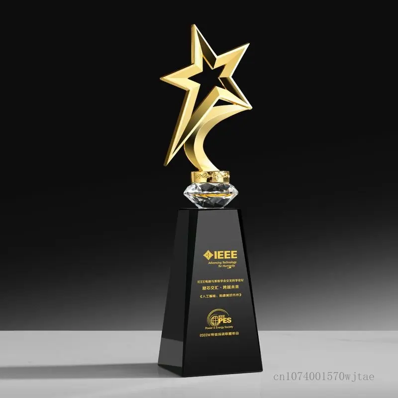 Creative Metal Five Point Star Trophy Awards Annual Meeting Excellent Staff Souvenir Custom Engraved Black Crystal Trophy, Decor