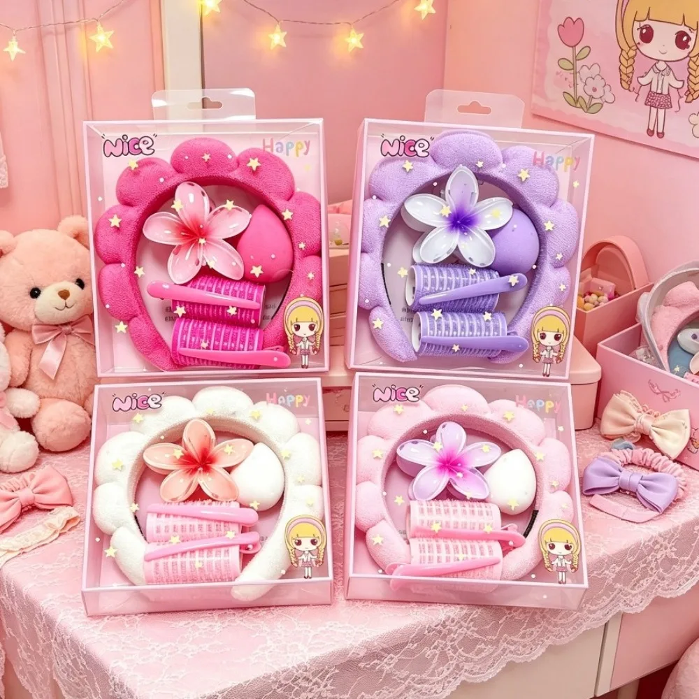 Set de 5 Diademas de Spa con Diseño Floral, Banda para el Cabello de Felpa Coral para Lavar la Cara, con Rodillo para el Cabello y Esponja de Maquillaje, Accesorios para el Cuidado de la Piel para Mujeres