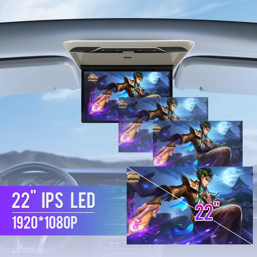 22 Inch Car Roof Monitor TV Flip Down， 1080P Video Player IPS Ceiling Display Screen 16 Colors Ambient Lights SD HDMI FM Android