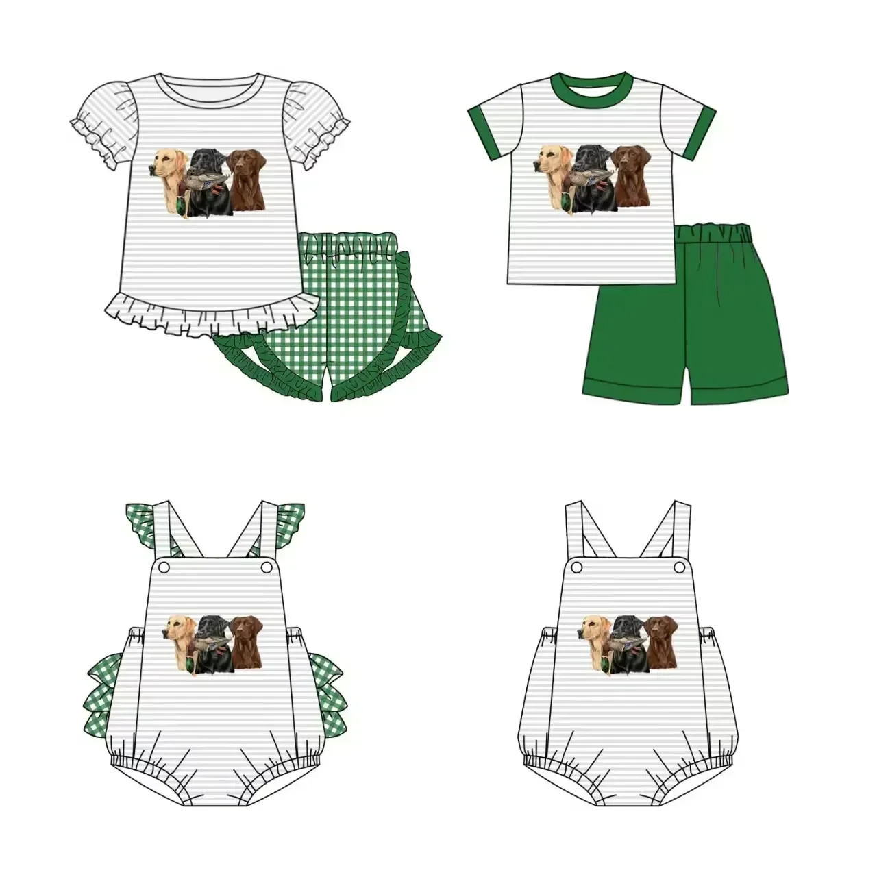 

Hunting set wholesale infant dog clothing summer T-shirts green shorts 2 piece set baby romper baby boutique clothing