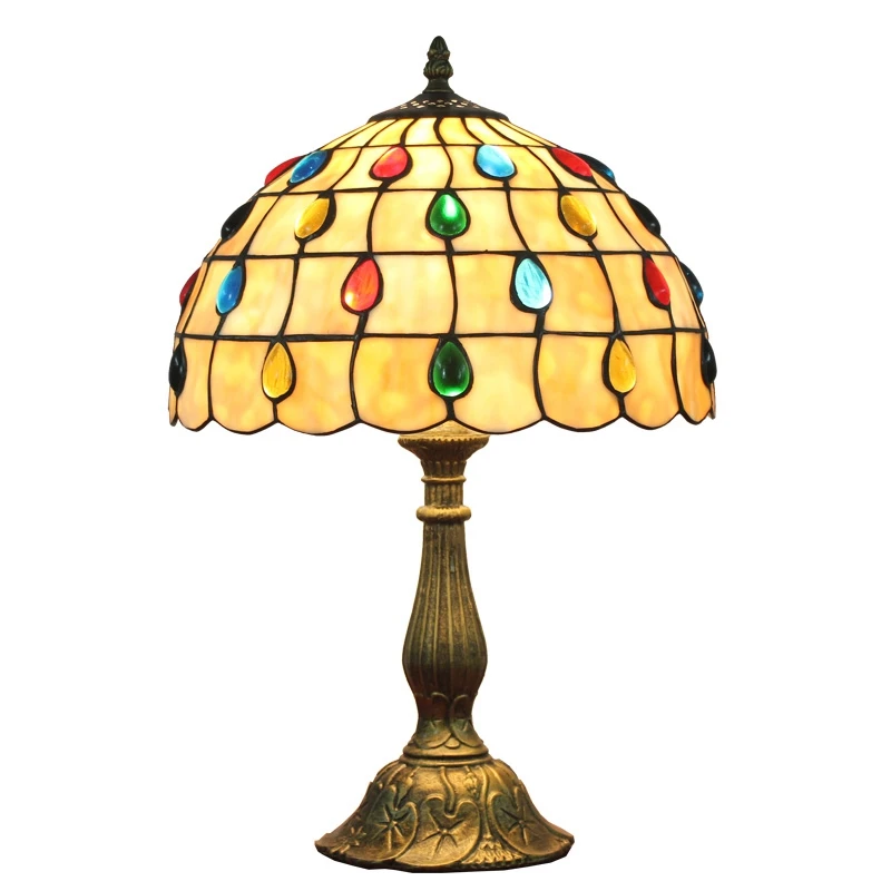 

Tiffany Style Table Lamp Gold Stained Glass Crystal Beans Vintage for Living Room Bedroom Bedside Office Table Lamp