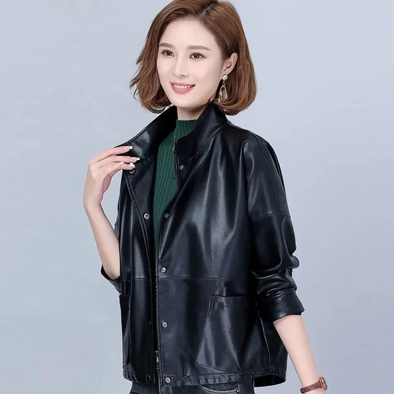 2024 Spring New Short Coats Casual Collar Fashion PU Leather Jacket Women\'s Temperament Outwear Motorcycle Overcoat Ladies Tops