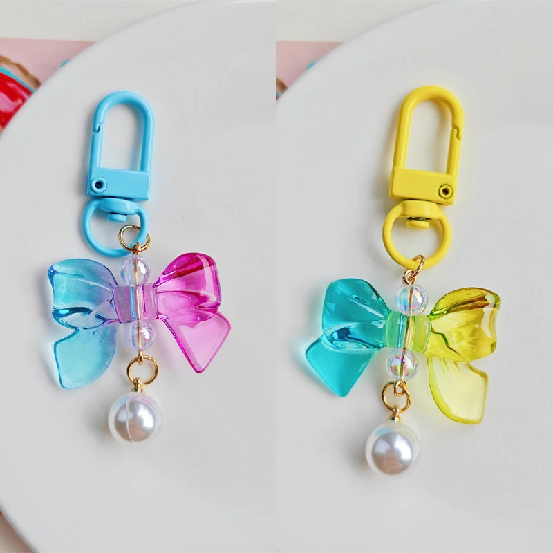 Gradient Bow Pearl Keychain Colored Car Keyring For Women Girls Handbag Mobile Pendant Headphone Case Accessories Jewelry