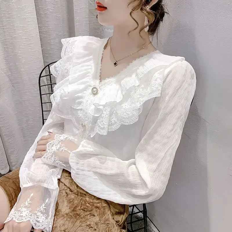 Spring Summer New Lace Patchwork Shirt Tops Long Sleeve V Neck Solid Color All-match Sweet Blouse Elegant Fashion Women Clothing