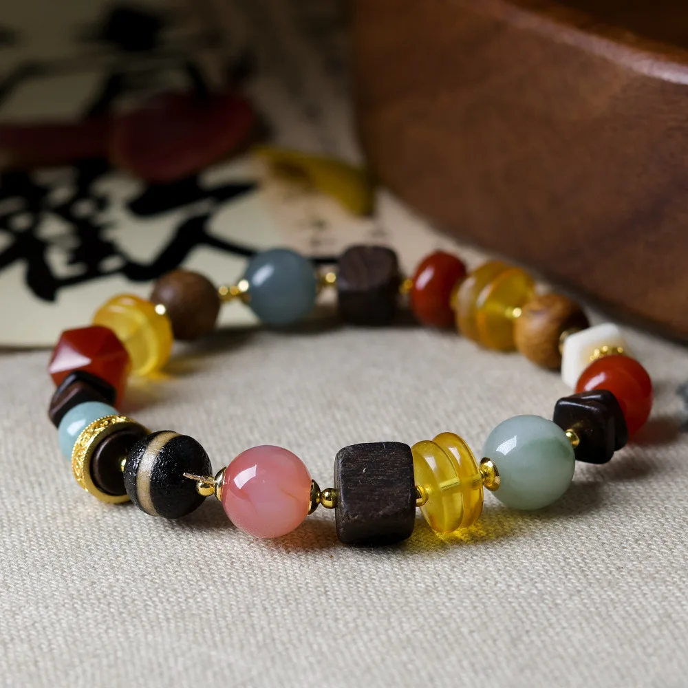 

Chinese Honey Wax Duo Bao Original Hand String Cultural Play Bucket Bead Agarwood South Red Agate Chinese Style Bracelet