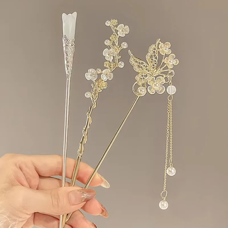 Hot Ancient Style Chinese Hair Pin Sweet Cheongsam Bun Hairpin Headdress Flower Tassel New Chinese Hair Pins For Women Girls