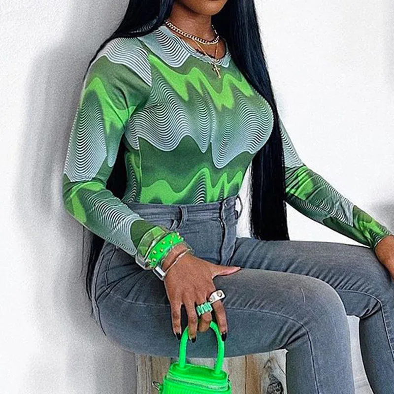 

2025 новые модные комбинезоны с длинными рукавами и принтом для женщин, осенний тонкий женский комбинезон с круглым вырезом, женские наряды, уличная одежда