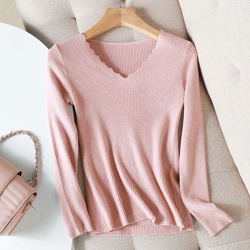 basic wavy v-neck solid autumn winter Sweater Pullover Women Female Knitted sweater slim long sleeve badycon sweater cheap