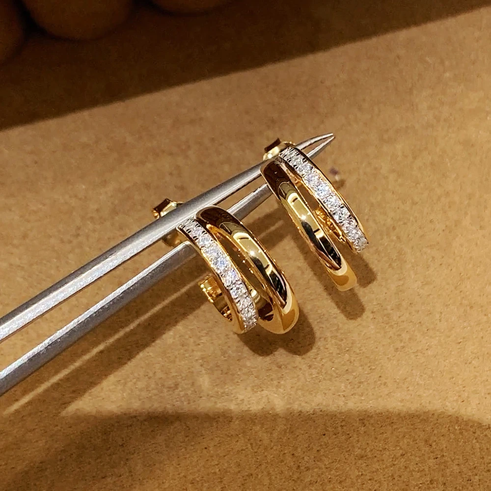 Luxury Brand Real 925 Sterling Silver Stud Earrings Double Layer Line Cubic Zircon Crystal Fashion Party Women Jewelry Gift