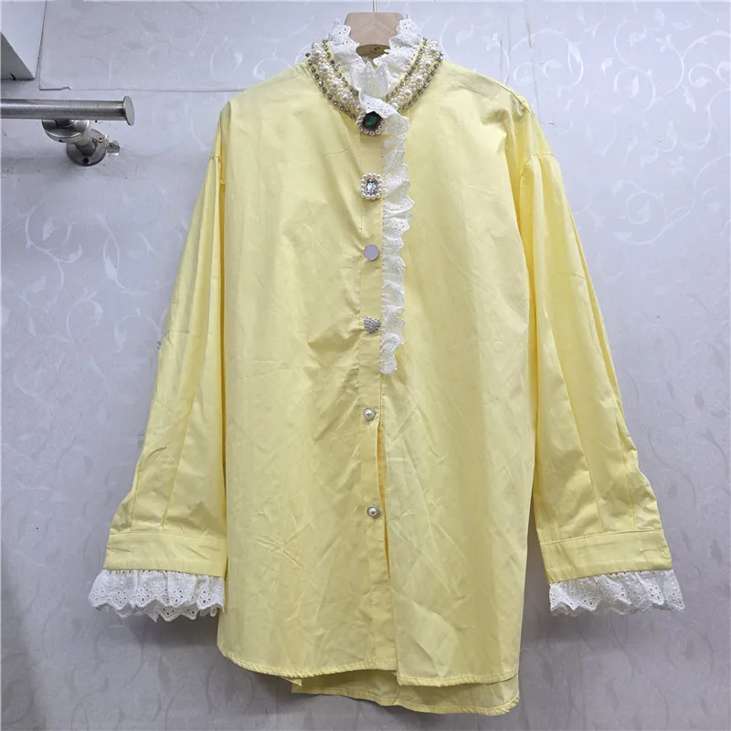 WTHT Mode Nieuwe vrouwen Gesplitste Verstoorde Rand Kant Diamanten Gesp Shirt 2025, Herfst Trendy Stand Kraag Blouse Vrouwelijke 1LS2748