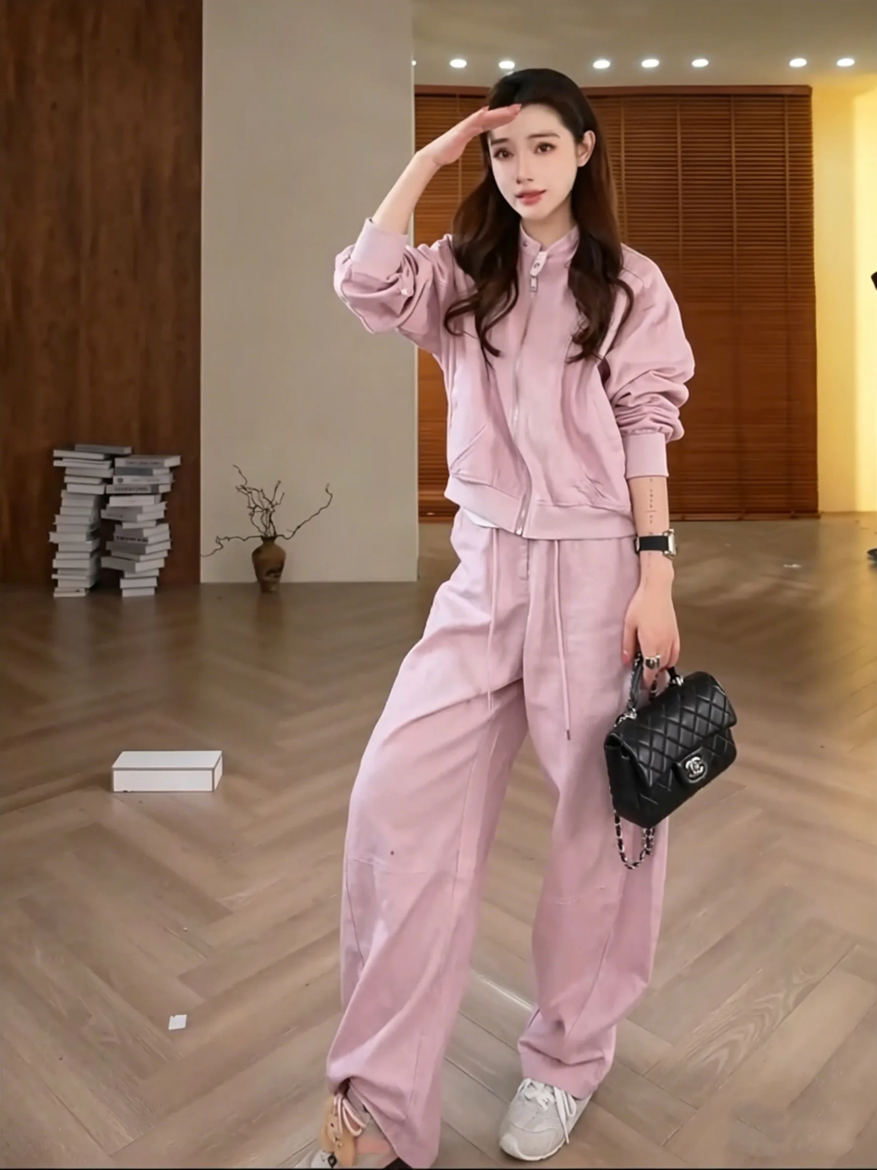 

JinEn Early Spring Fashion Simple Match Casual Sports Silk Jacket Pants Set Women's Loose Fit Shirt Style Two-Piece Set