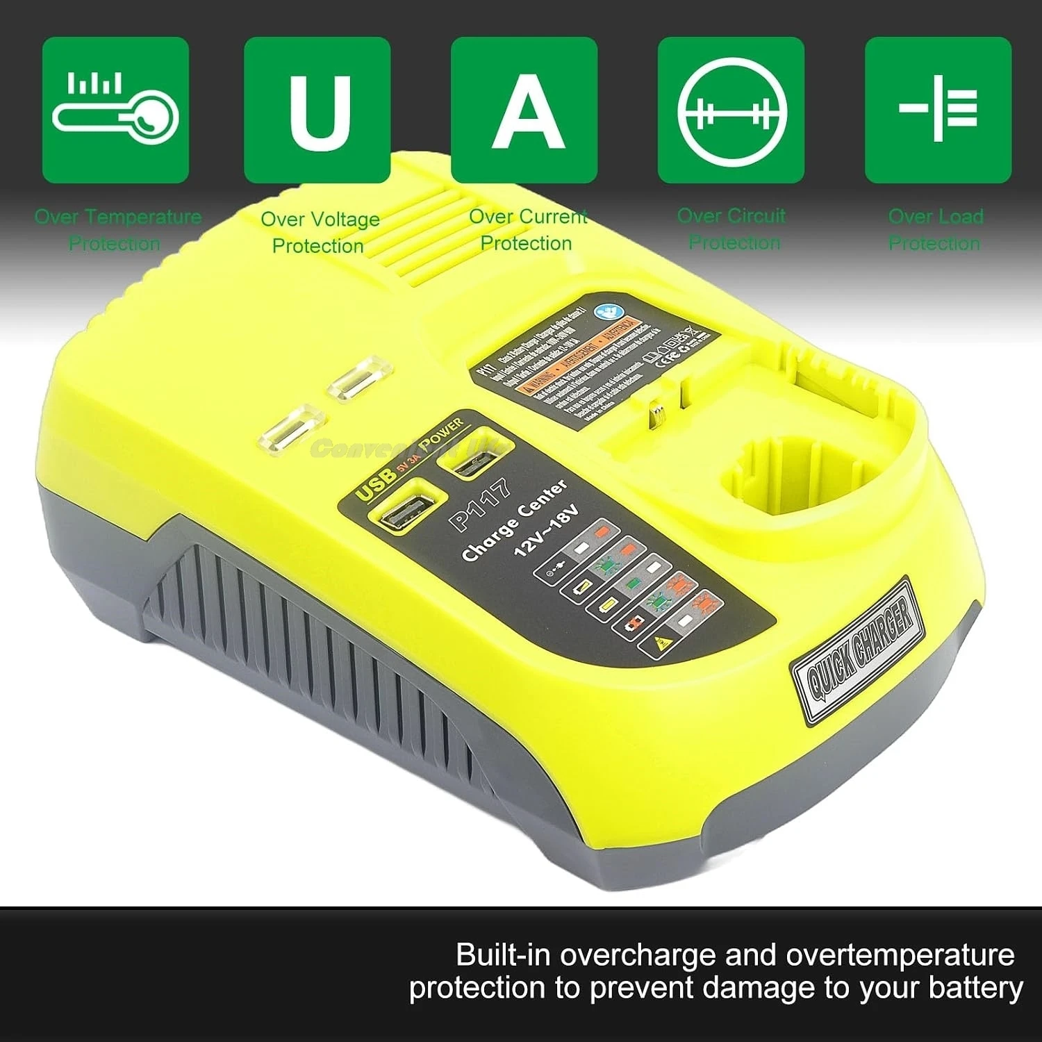 Battery Charger Compatible with Ryobi 12-18V Ni-CD Ni-MH Lithium Battery 85W Fast Charging Power Supply USB Port Indicator Light